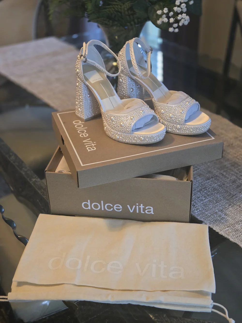Dolce Vita Ivory Crystal Platform Sandals with Block Heel